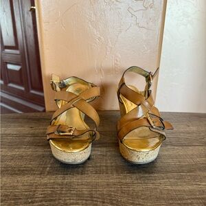 Marc Fisher cork Brown And Gold Wedges Cross Cross Straps Peep Toe SZ 6.5